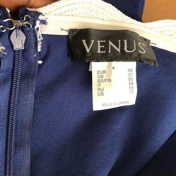 Navy Blue White tube strapless scallop edge long maxi dress with white trim slit - Picture 5 of 7